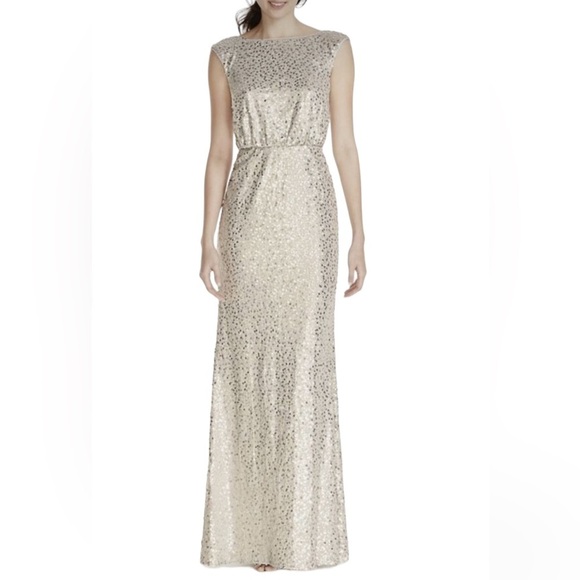 David's Bridal Dresses & Skirts - David’s Bridal Long Sequin Sheath Blouson Maxi Dress Gown Cap Sleeves Silver